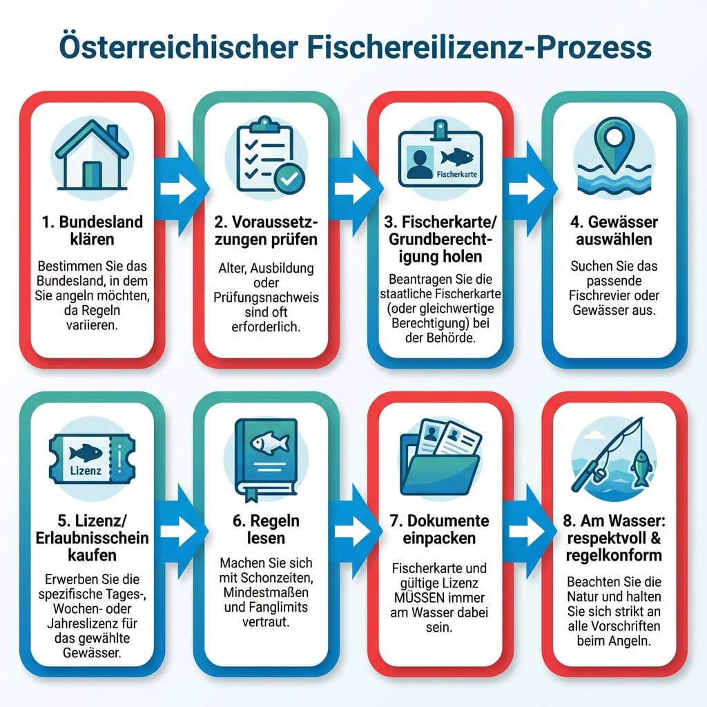 Schritt-für-Schritt Flowchart: Angelschein Österreich, Fischerkarte und Lizenz