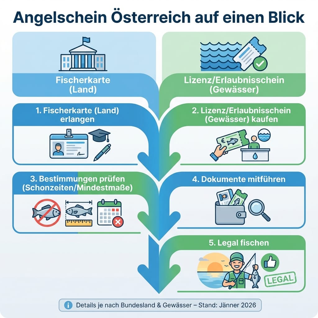 Angelschein Österreich: Überblick als Infografik mit Fischerkarte und Lizenz