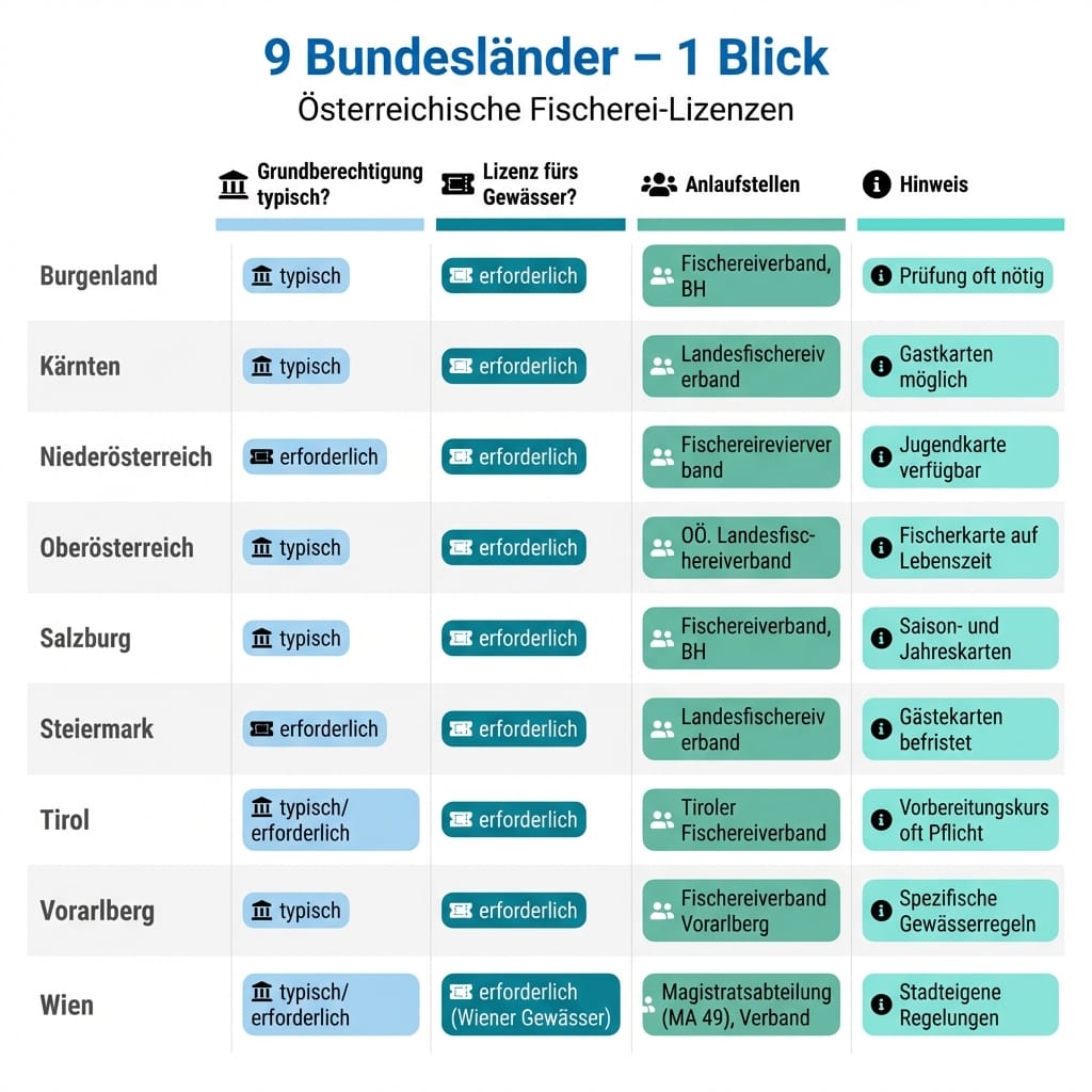 Bundesländer-Übersicht zum Angelschein Österreich als Matrix-Infografik
