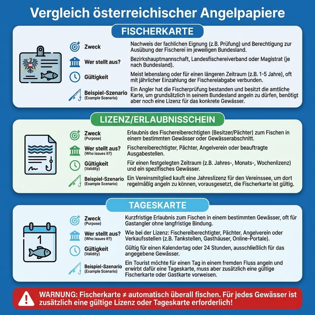 Unterschied Fischerkarte und Lizenz in Österreich als Vergleichsgrafik