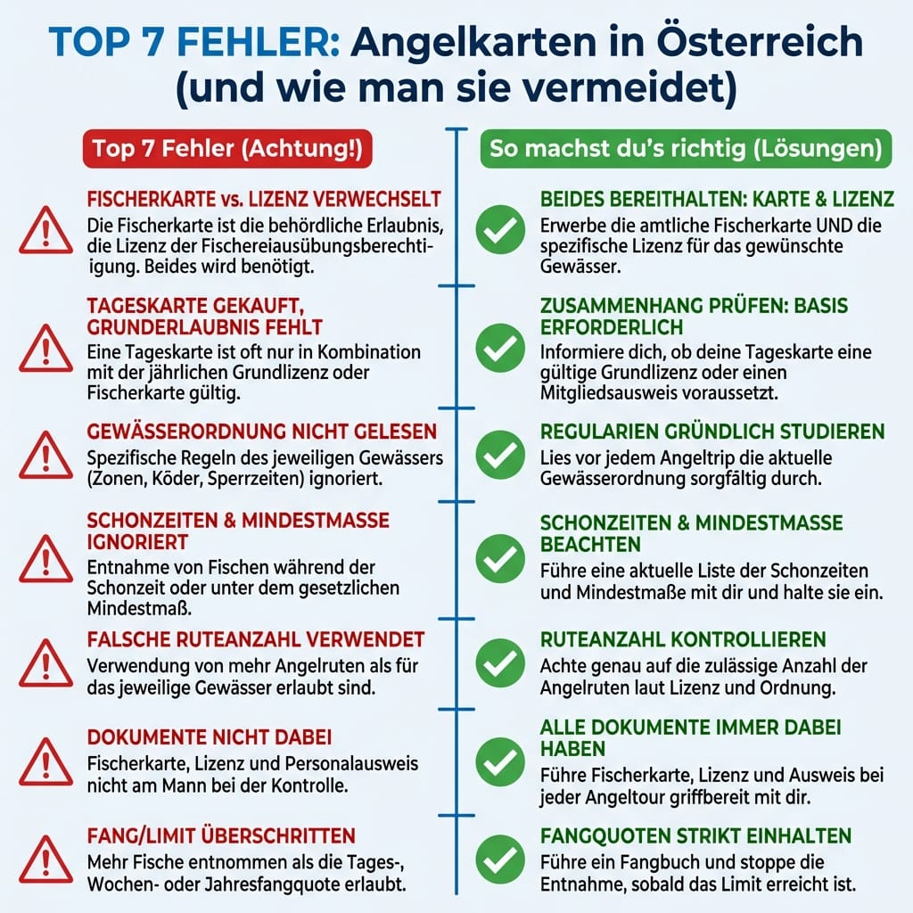 Häufige Fehler beim Angelschein Österreich vermeiden: Checkliste als Infografik