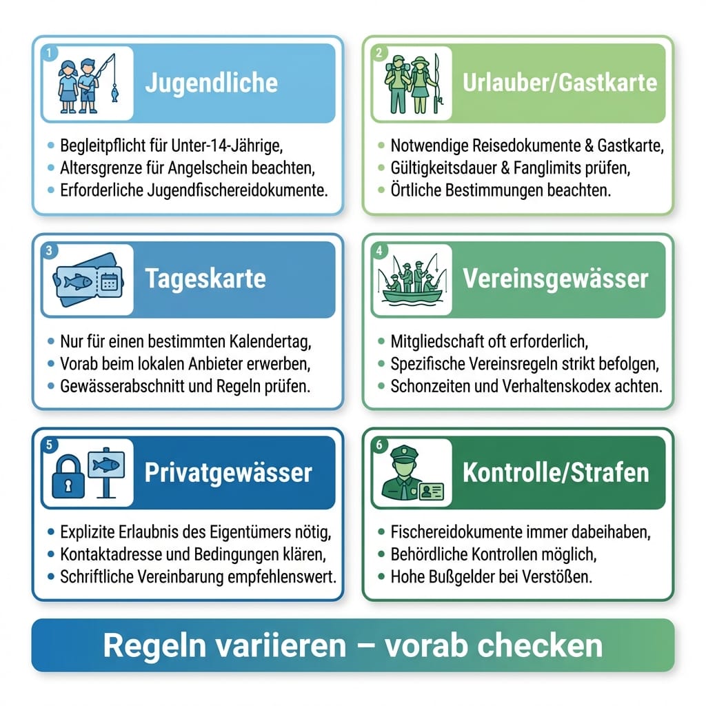 Sonderfälle Angelschein Österreich: Jugend, Gastkarte, Vereins- und Privatgewässer als Infografik