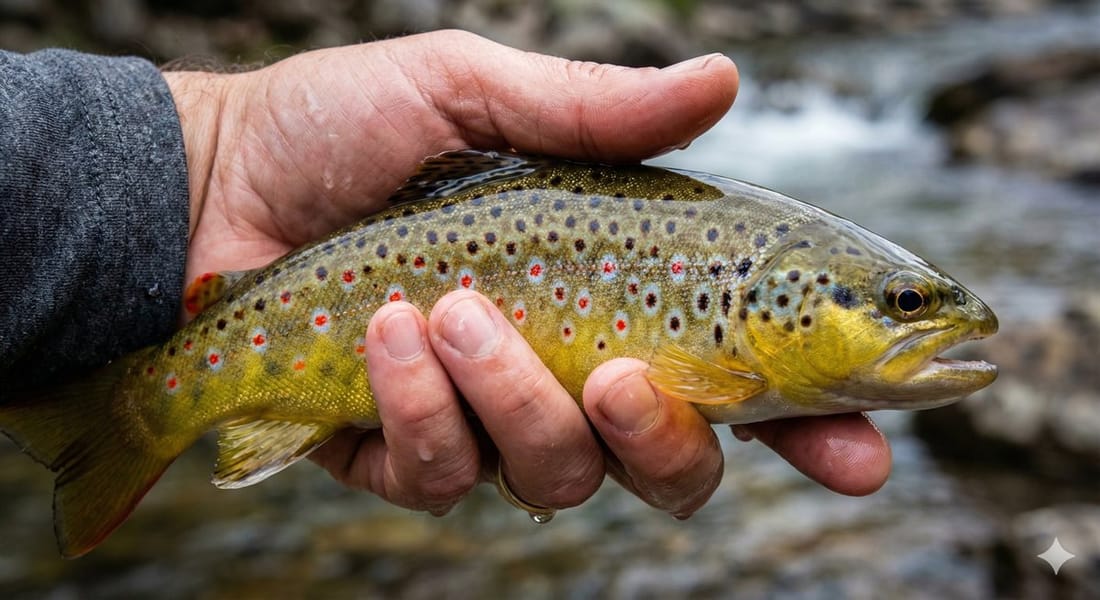 Nahaufnahme einer wunderschön gefärbten Bachforelle in der Hand eines Anglers, mit deutlich sichtbaren roten und schwarzen Punkten auf goldenem Grund, Wasser im Hintergrund unscharf