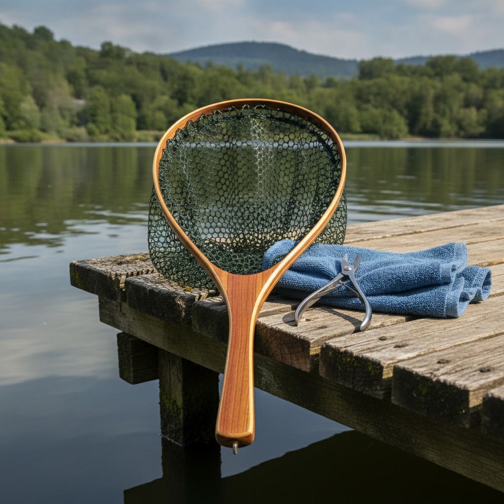 Ausrüstung für schonendes Catch and Release: knotenloser Kescher, Lösezange und feuchtes Handtuch auf einem Steg am Wasser
