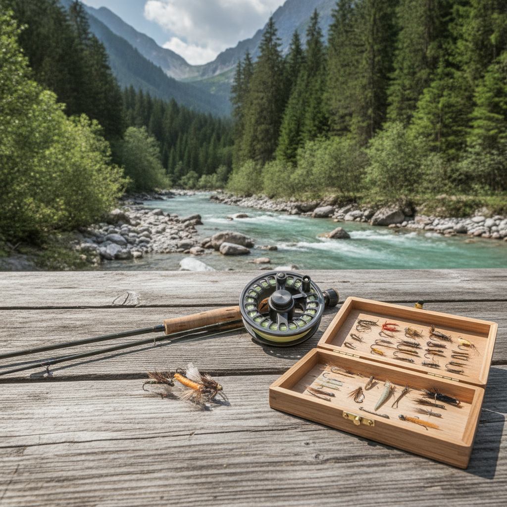 Fliegenfischen-Grundausrüstung: Fliegenrute, Fliegenrolle und eine geöffnete Fliegenbox mit Trockenfliegen und Nymphen auf einem Holztisch