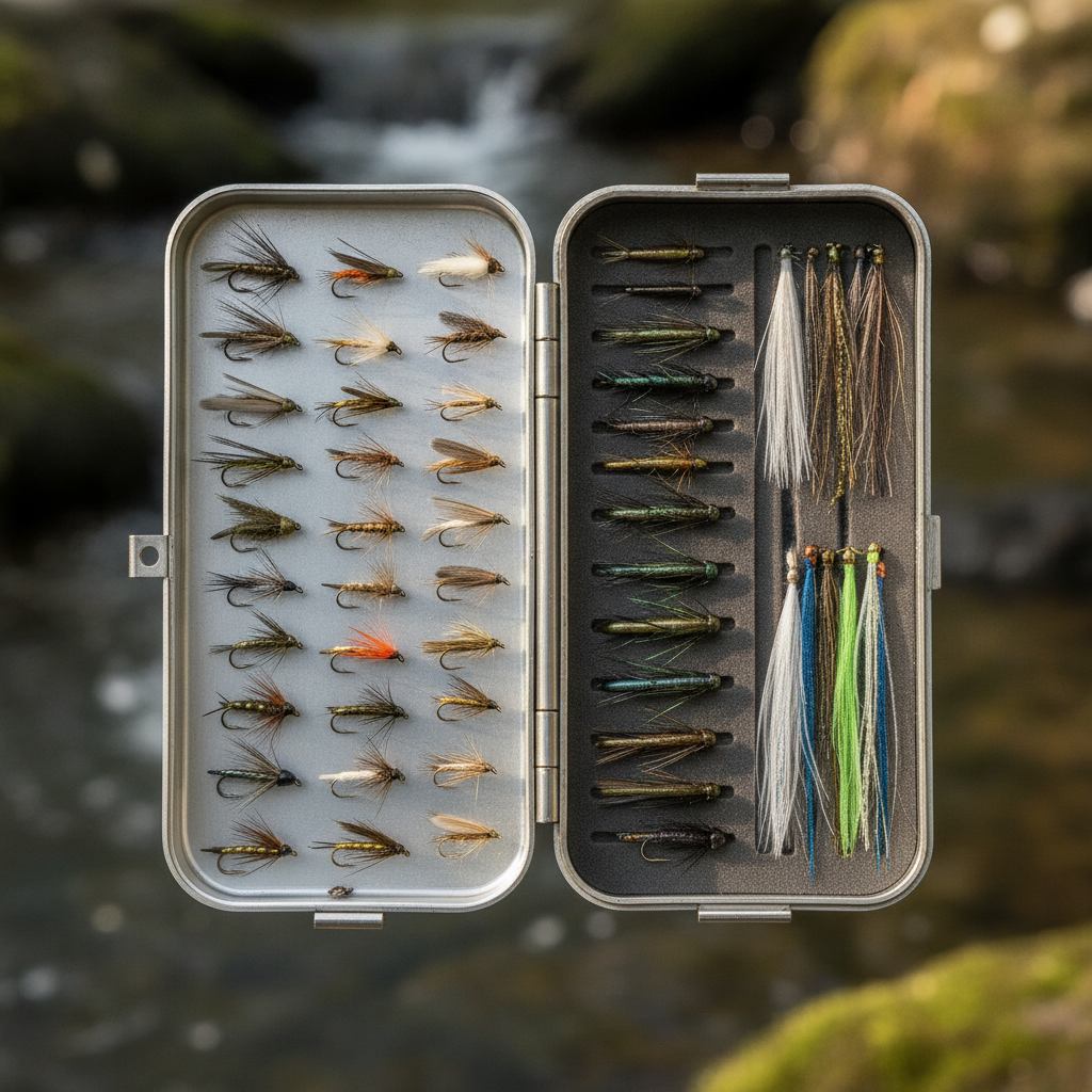 Nahaufnahme einer Fliegenbox mit sortierten Trockenfliegen, Nymphen und kleinen Streamern in verschiedenen Farben und Größen