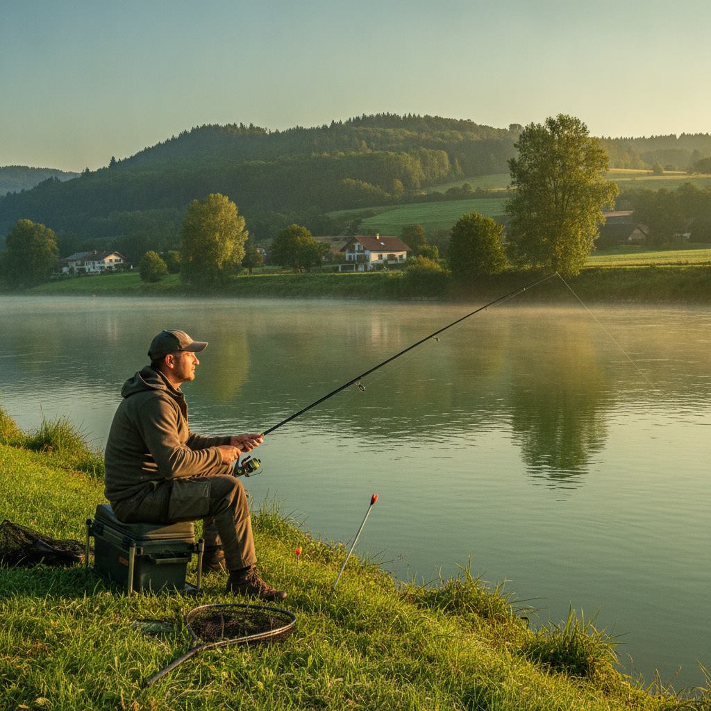 Angler sitzt am Ufer der Donau mit Angelrute, goldenes Morgenlicht, grüne Flusslandschaft Österreich, friedliche Angelszene bei Sonnenaufgang