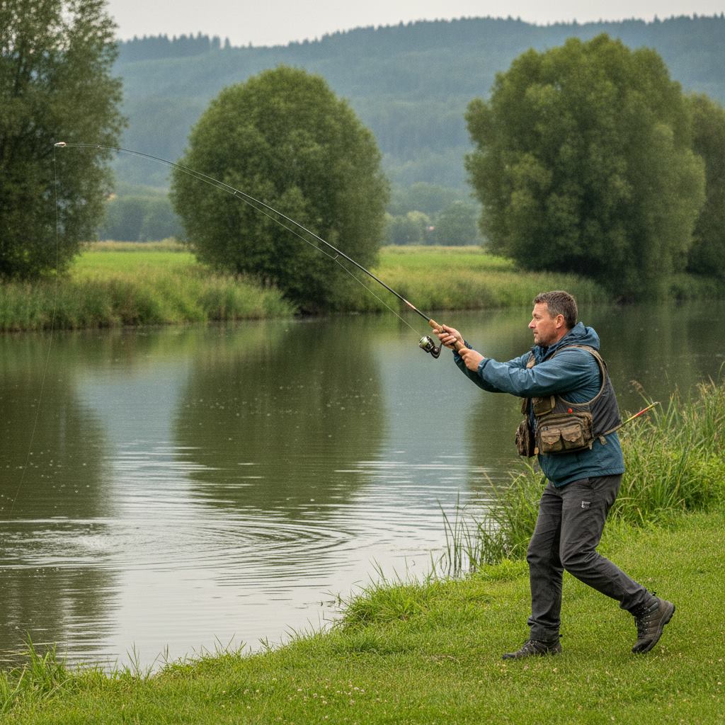 Angler beim Auswerfen der Spinnrute am Ufer eines ruhigen Gewässers, Schwungbewegung im Moment des Wurfs, natürliche Flusslandschaft