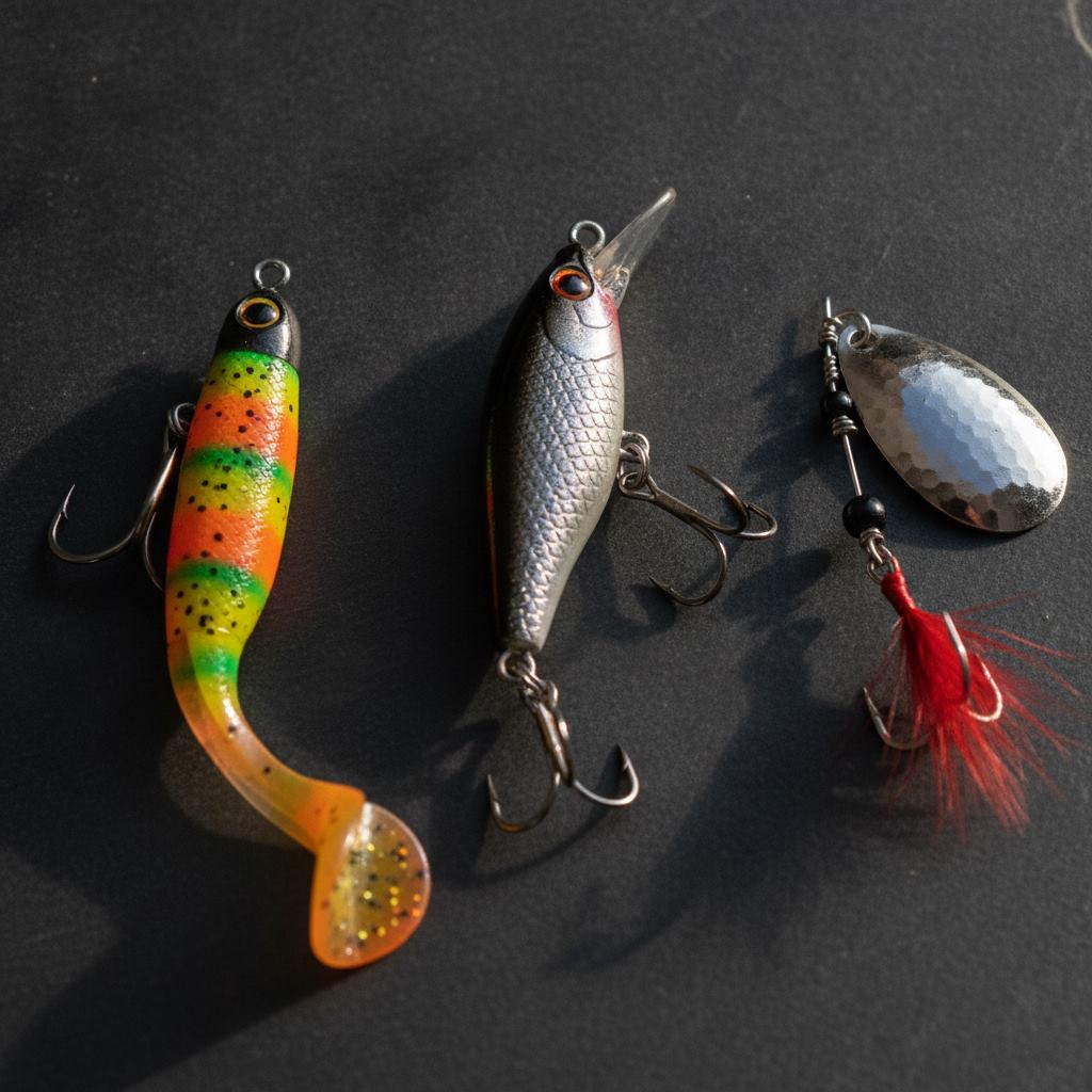 Nahaufnahme verschiedener Kunstköder für Spinnangler: bunte Gummifische auf Jigkopf, Wobbler und Metall-Spinner nebeneinander drapiert
