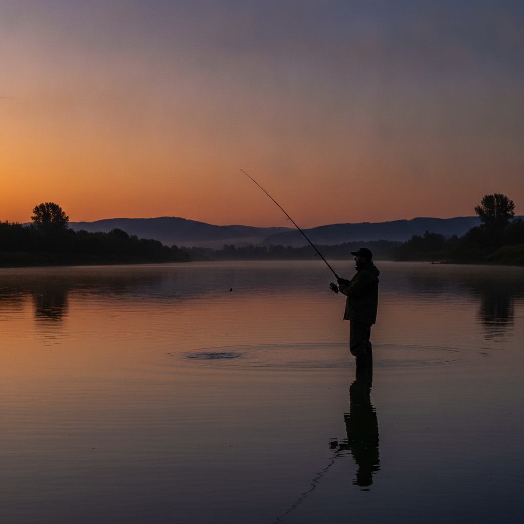 Angler beim Zanderangeln in der Abenddämmerung an einem breiten Fluss, ruhige Wasseroberfläche, warmes Dämmerungslicht