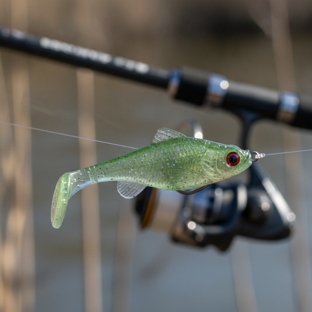 Nahaufnahme eines Gummifisches auf Jigkopf, bereit zum Zanderangeln, mit Angelrute im Hintergrund