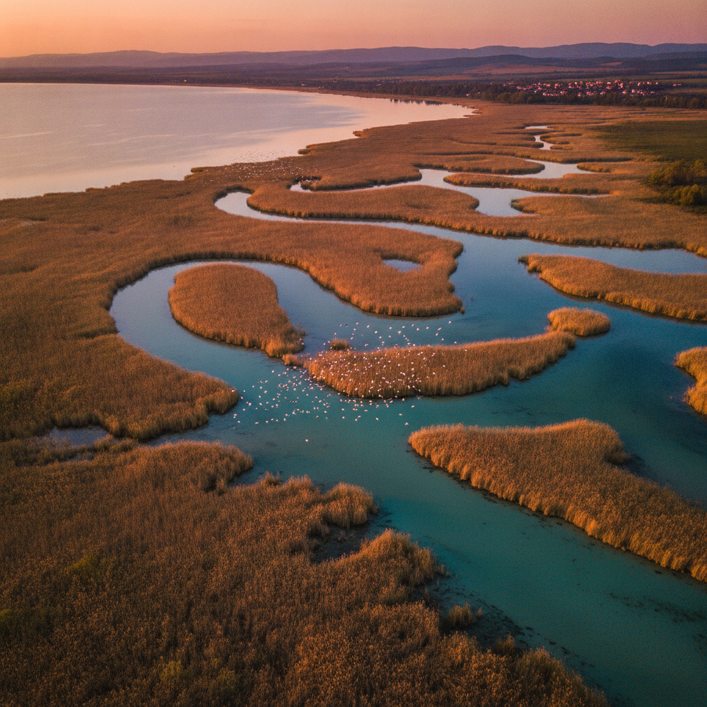 Neusiedlersee Panorama mit Röhricht und Sonnenuntergang