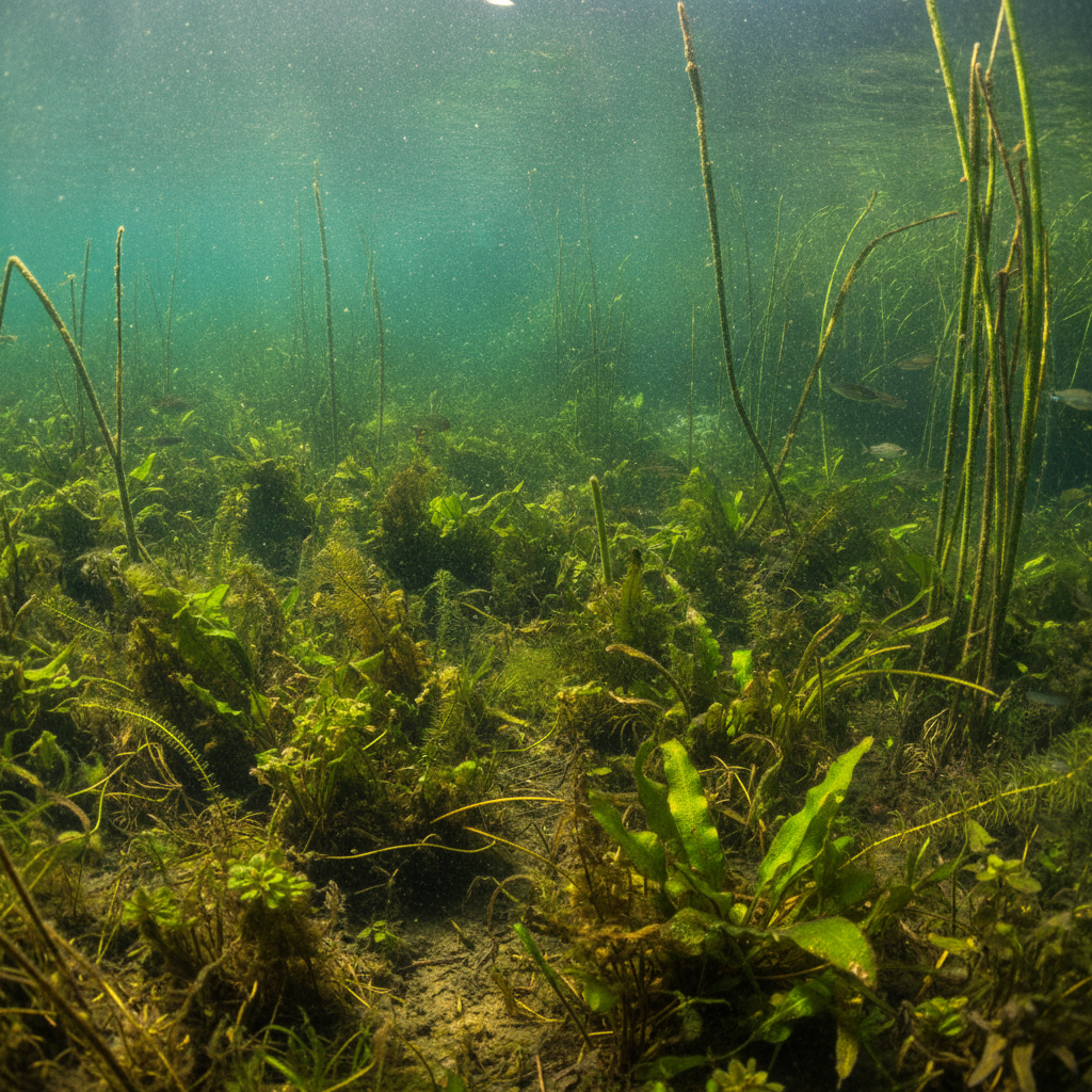 Unterwasseraufnahme von dichten Wasserpflanzen im See