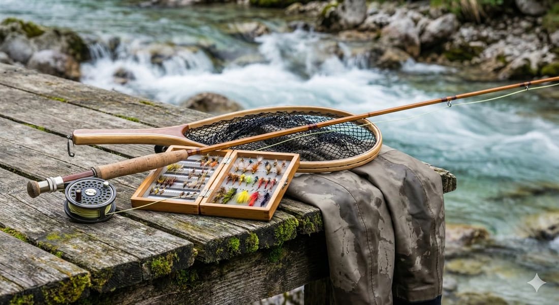 Fliegenfischen-Ausrüstung auf einem Holzsteg arrangiert: Fliegenrute, Rolle, Fliegenbox mit bunten Fliegen, Kescher und Wathose, im Hintergrund verschwommen ein Bergbach