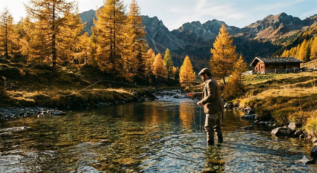 Fliegenfischer an einem Tiroler Gebirgsbach im Herbst, umgeben von golden gefärbten Lärchen, klares niedriges Wasser, dramatisches Seitenlicht