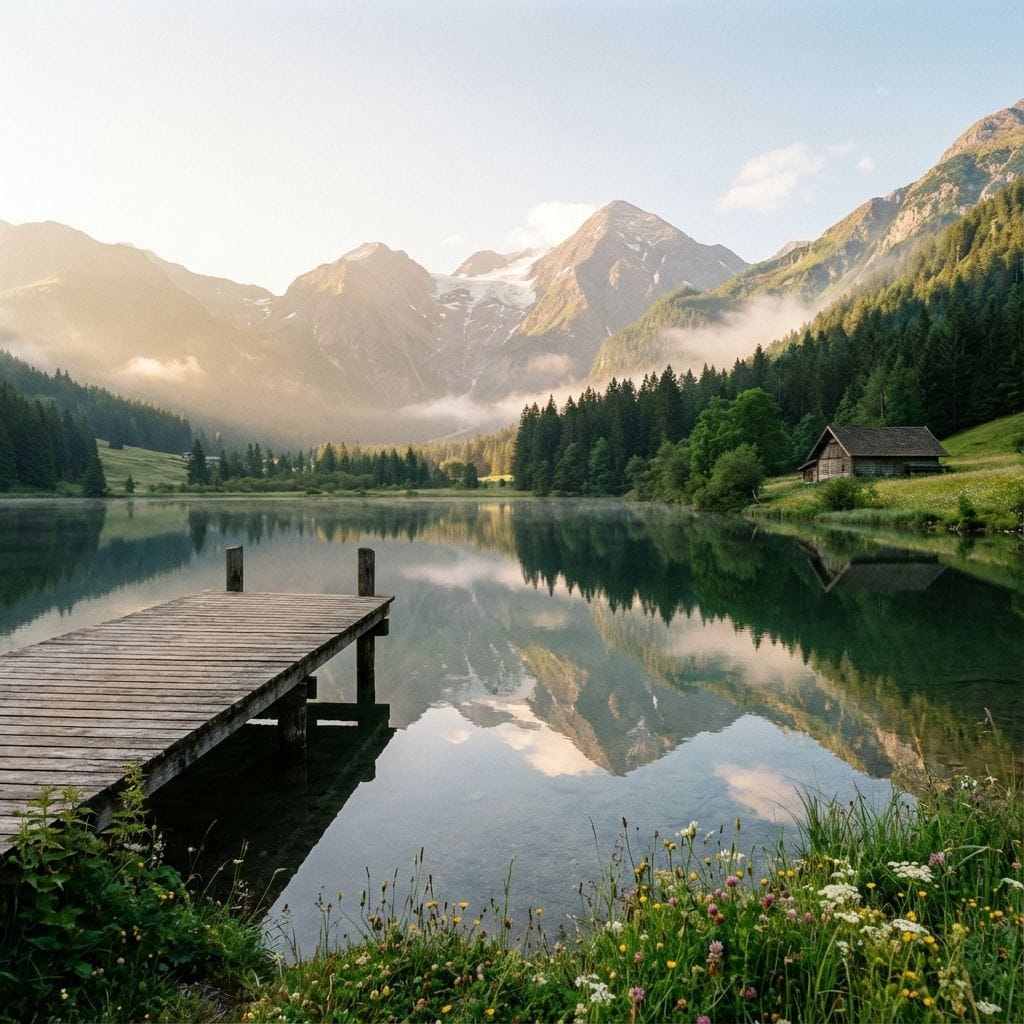 Malerischer österreichischer Alpensee bei Sonnenaufgang