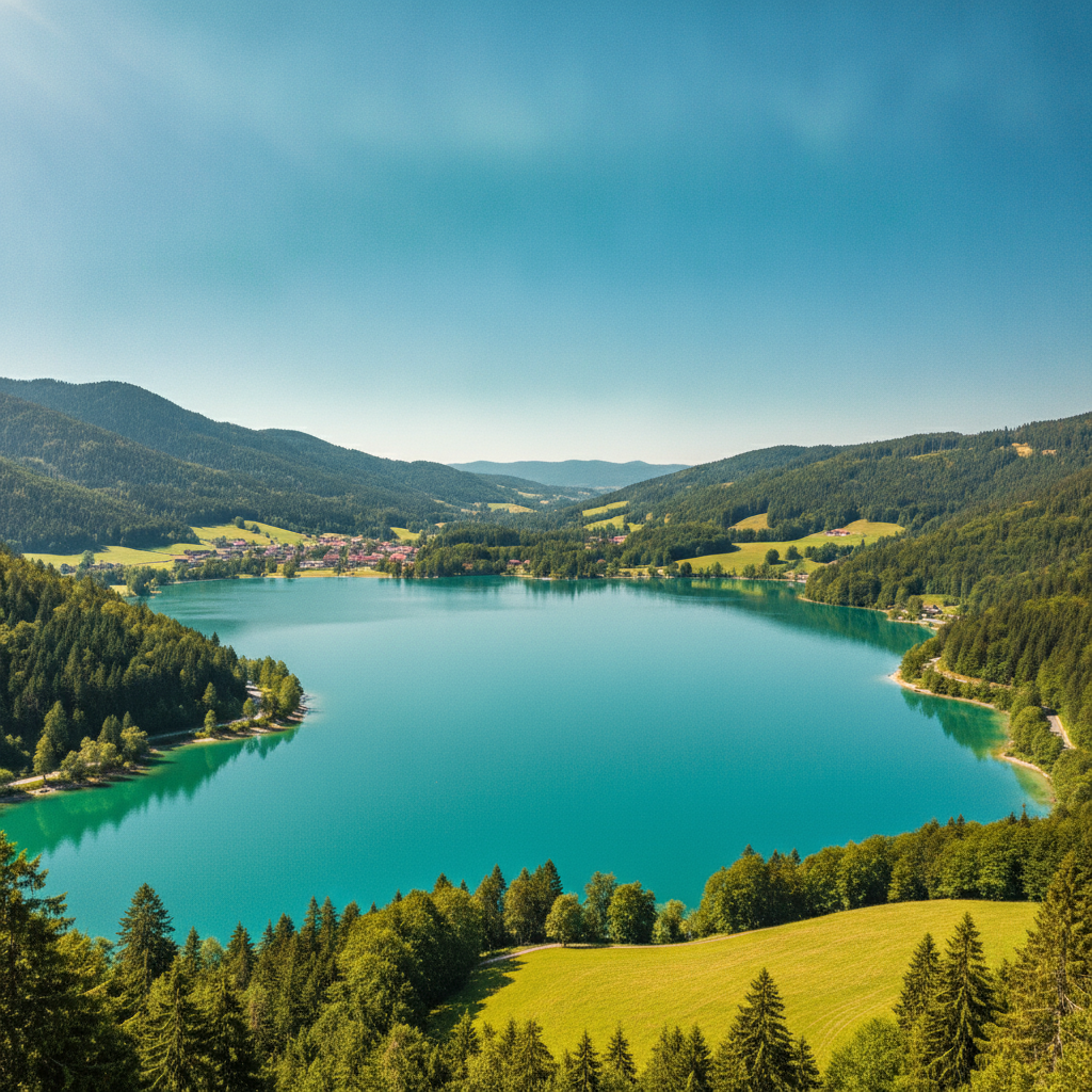 Kärntner Alpensee mit klarem, türkisem Wasser umgeben von bewaldeten Hügeln bei hellem Sonnenlicht