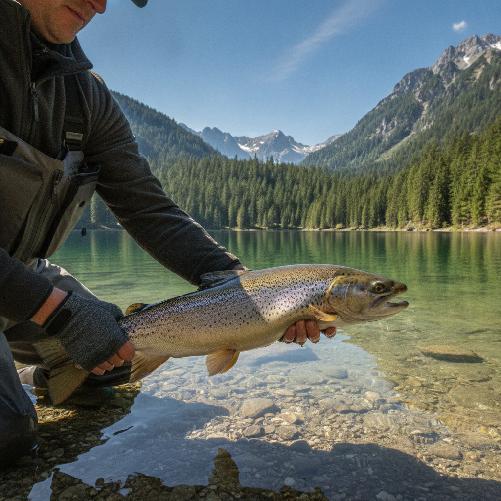 Seeforelle wird nach dem Fang im klaren Wasser eines Kärntner Sees schonend gehalten