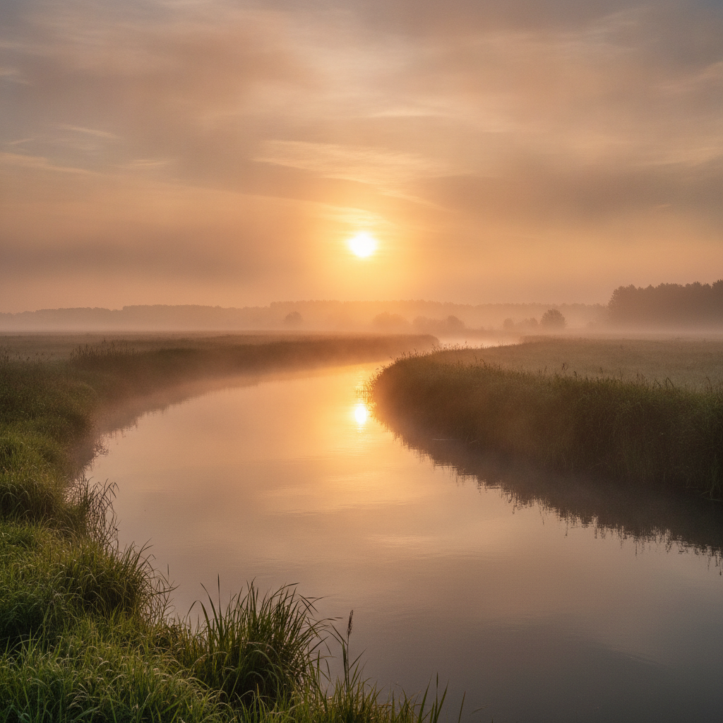 Ruhiger Altarm der Donau in Niederösterreich mit Schilfufer und Angler im Morgennebel
