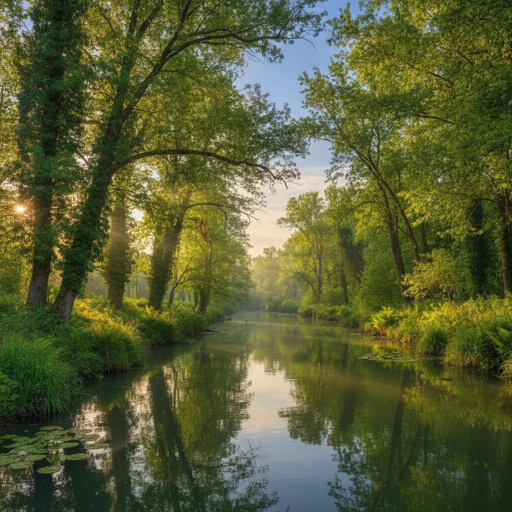 Donau-Auen in Niederösterreich mit ruhigem Altarm und dichtem Auwald bei Sonnenaufgang