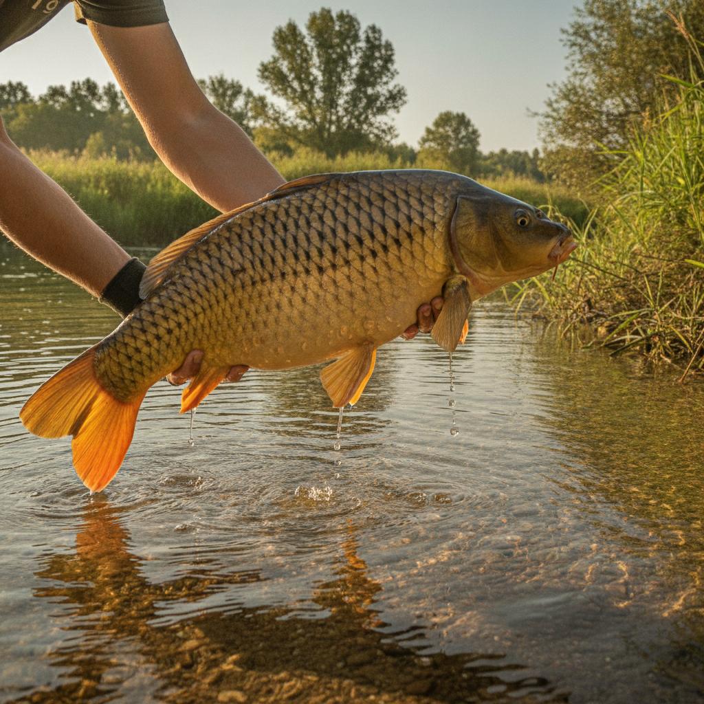 Großer Karpfen wird im flachen Wasser eines Donau-Altarms gelandet