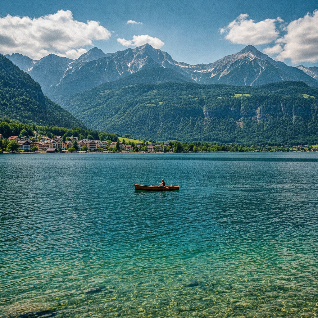 Traunsee im Salzkammergut mit klarem türkisfarbenem Wasser und Bergpanorama bei hellem Tageslicht