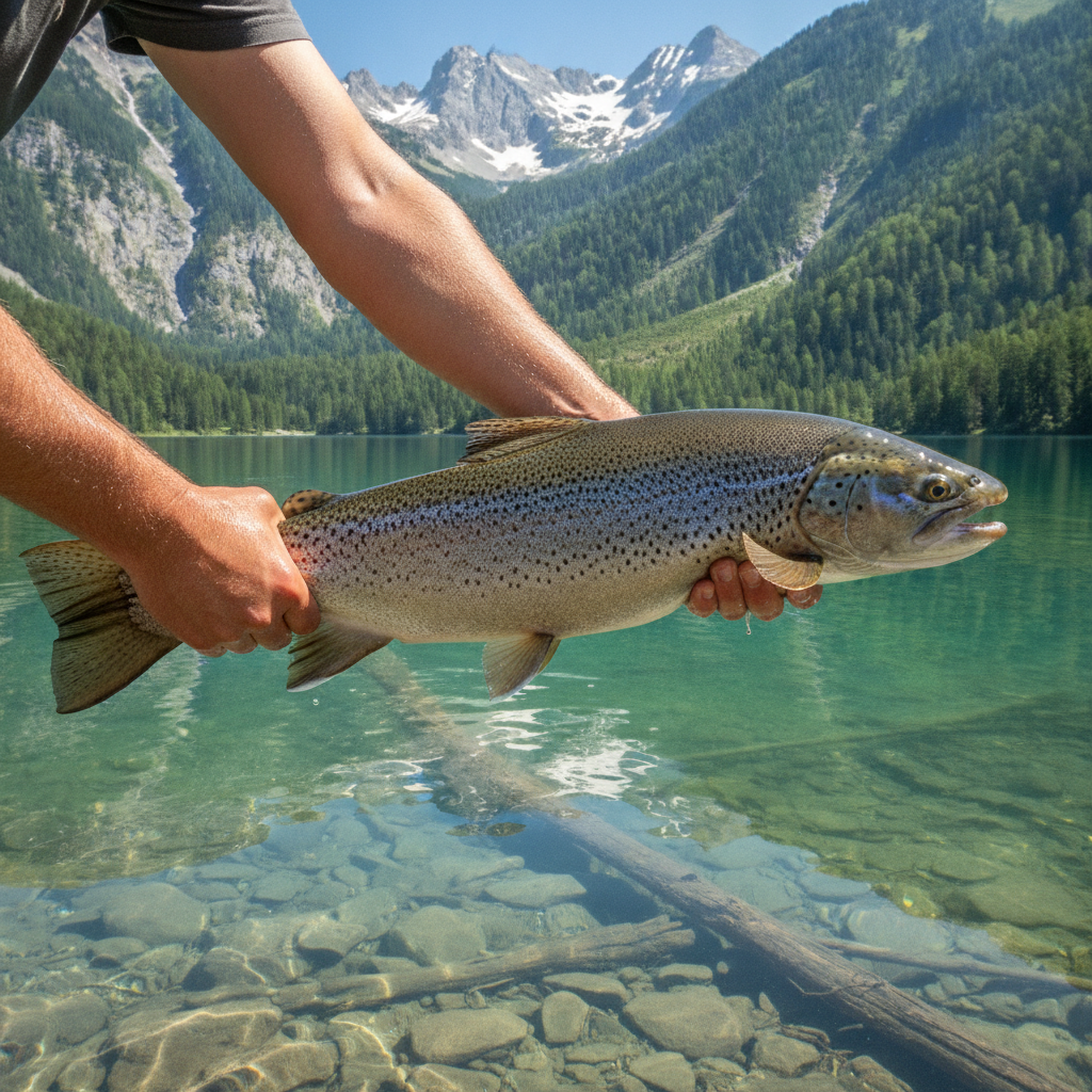 Große Seeforelle wird im klaren türkisfarbenen Wasser eines Salzkammergut-Sees gehalten