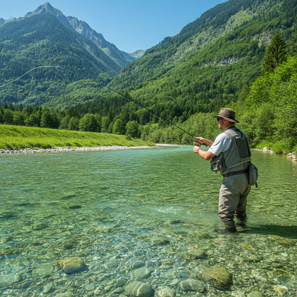 Fliegenfischer steht im klaren Wasser der Traun umgeben von grüner Berglandschaft bei hellem Sonnenlicht