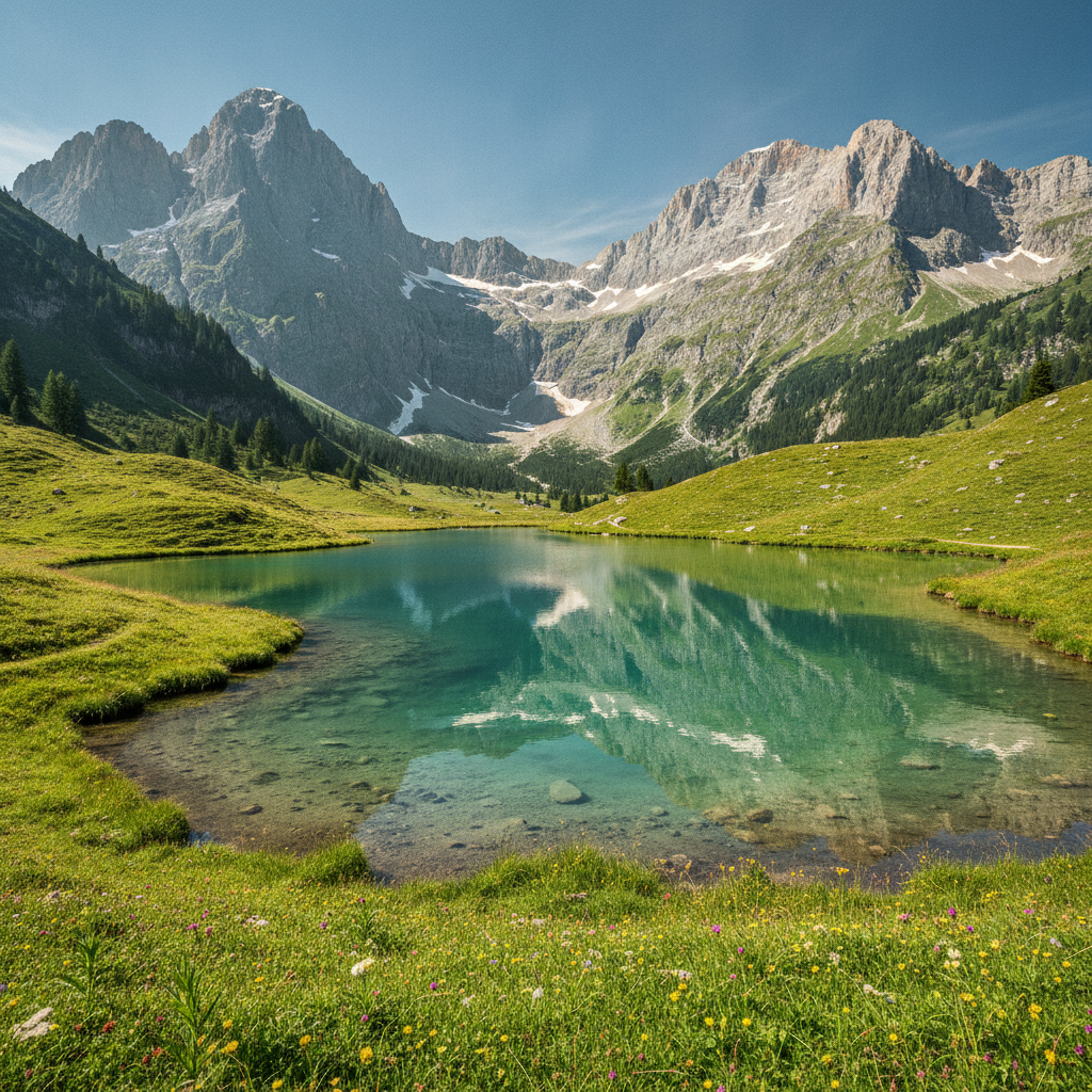 Idyllischer Bergsee in Salzburg mit klarem türkisfarbenem Wasser umgeben von grünen Almwiesen und Berggipfeln