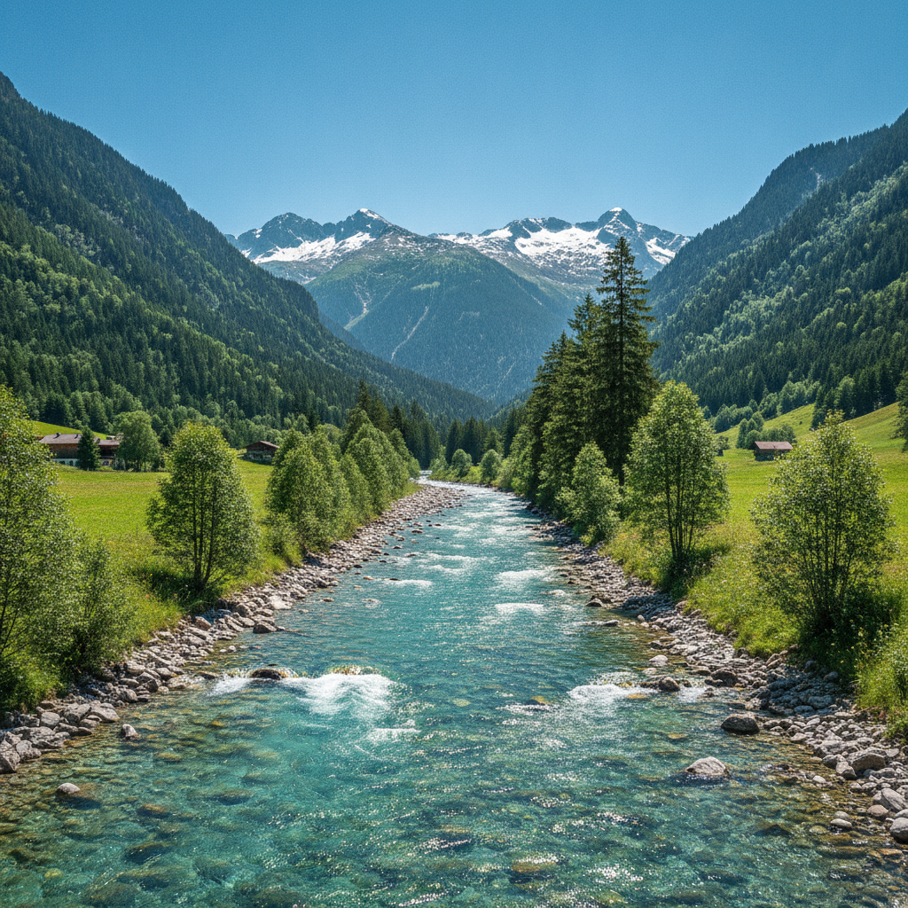 Salzach Fluss mit kristallklarem Wasser vor schneebedeckten Alpengipfeln bei hellem Sonnenlicht