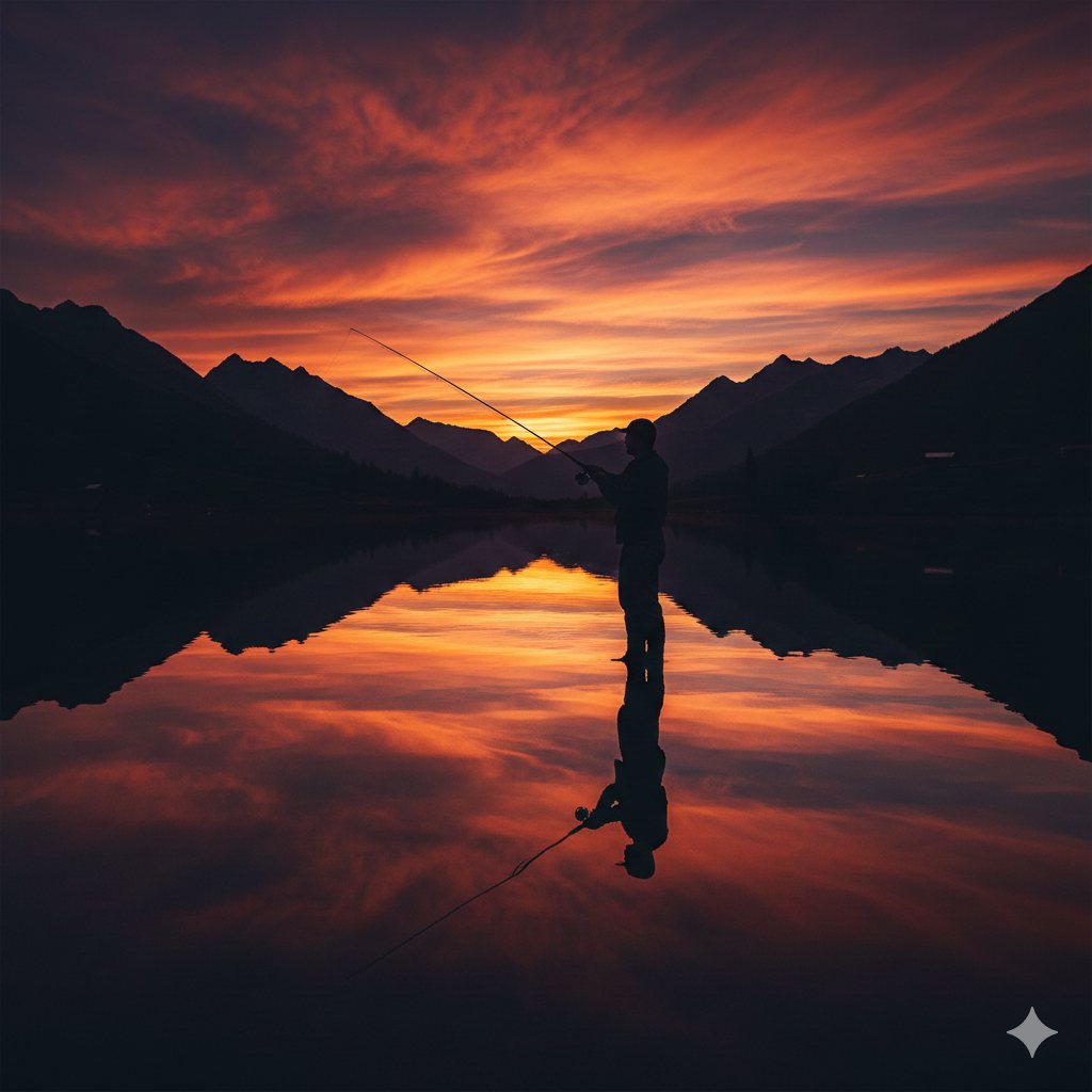 Silhouette eines Fliegenfischers bei Sonnenuntergang an einem Tiroler Bergsee, dramatischer Himmel in Orange und Violett, Berge im Hintergrund, perfekte Spiegelung im Wasser