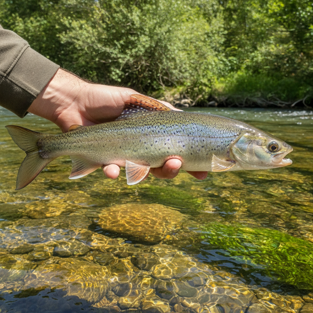 Elegante Äsche mit markanter Rückenflosse wird im klaren Wasser eines steirischen Flusses gehalten
