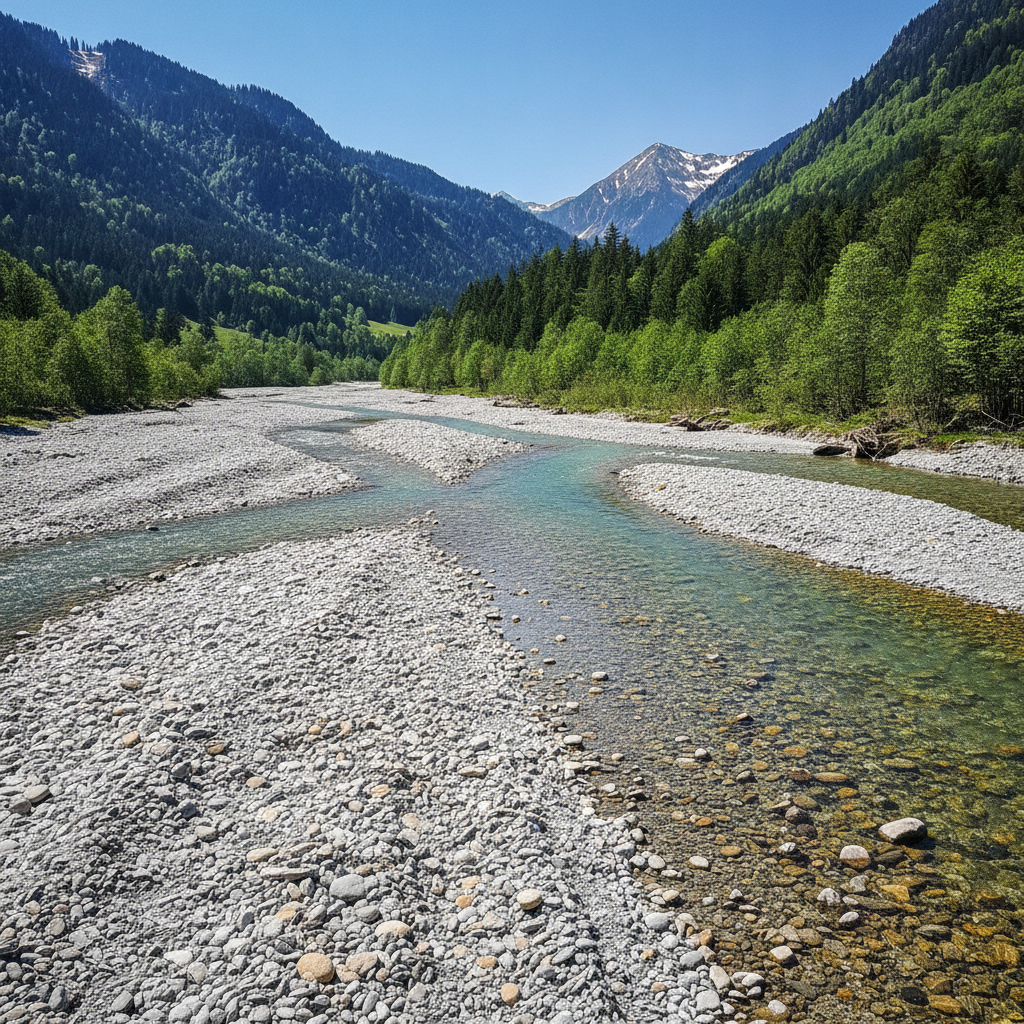 Naturnahes Flussbett der Enns im steirischen Ennstal mit Kiesbänken und grünen Berghängen bei hellem Tageslicht