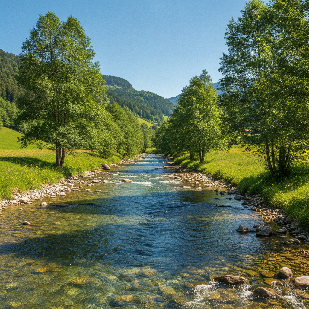 Mur Fluss in der Steiermark mit klarem Wasser durch grüne Wälder und Wiesenlandschaft bei hellem Sonnenlicht