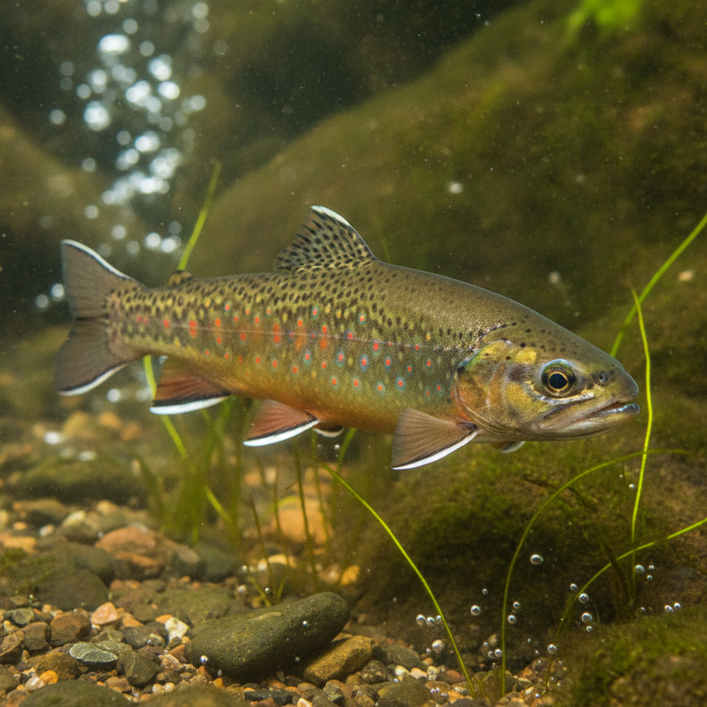Wildbach-Bachforelle mit leuchtenden Farben in klarem Gebirgsbach