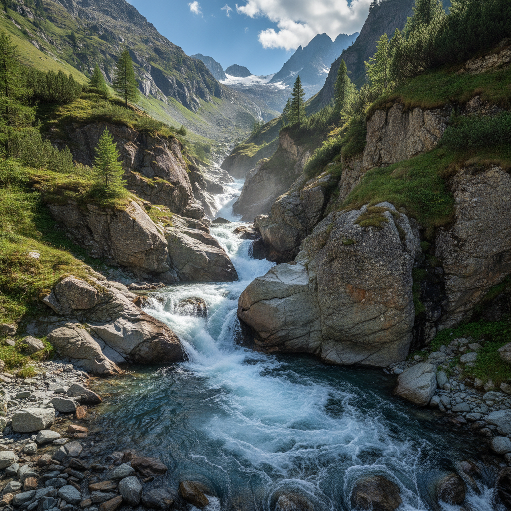 Hochgebirgsbach mit Wildwasser und steilen Felsenwänden
