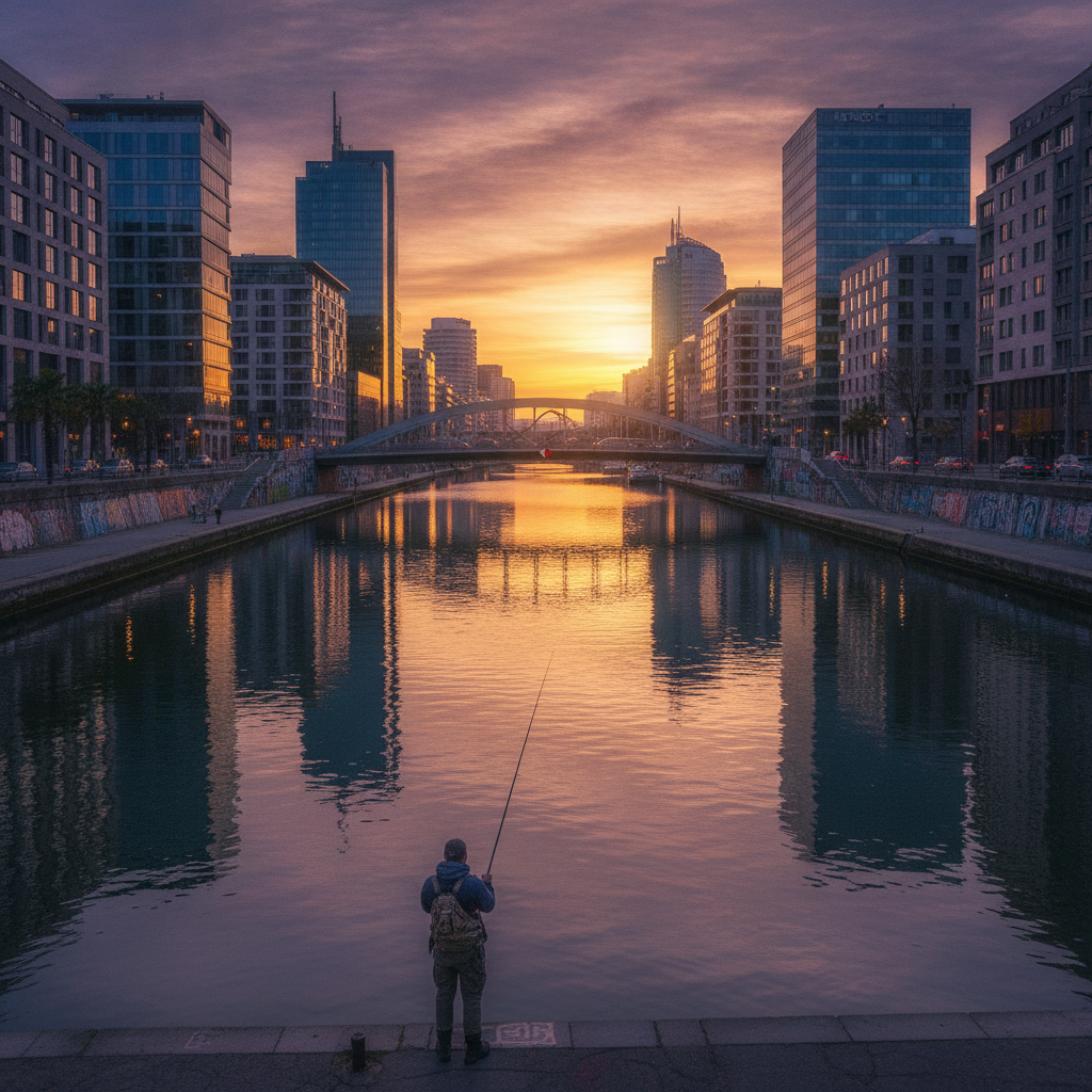 Donau-Kanal in Wien mit urbaner Kulisse und Anglern am Ufer